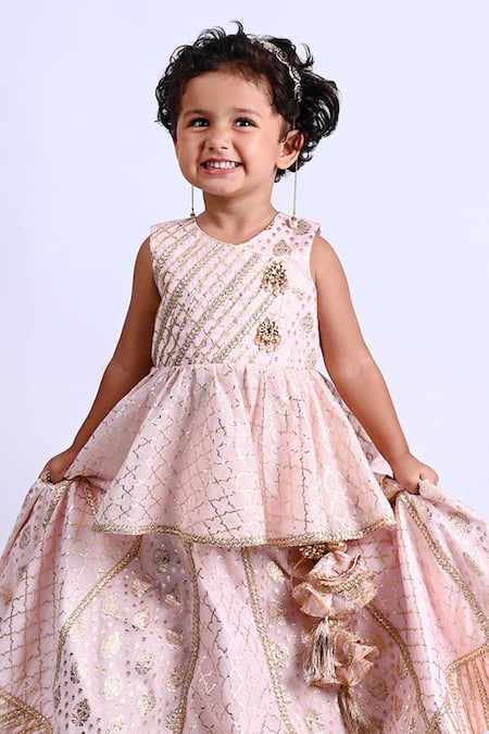 Buy Shining Kanika Peach Chanderi Embroidered Lace Peplum Top And Lehenga Set Online at Aza Fashions Buy_Shining Kanika_Peach Chanderi Embroidered Lace Peplum Top And Lehenga Set_Online_at_Aza_Fashions