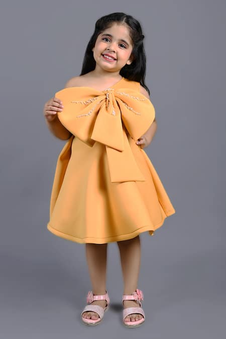 Shining Kanika Orange Neoprene Embroidered Pearl One-shoulder Embellished Bow Dress  