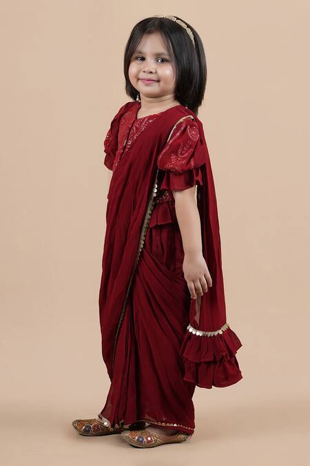 Shining Kanika Maroon Georgette Embroidered Sequin Top Saree Set Online at Aza Fashions Shining Kanika_Maroon Georgette Embroidered Sequin Top Saree Set_Online_at_Aza_Fashions