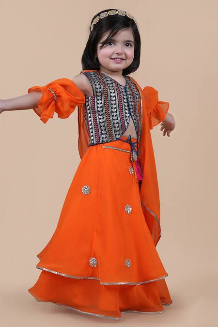 Buy_Shining Kanika_Orange Georgette Embroidered Sequin Top Layered Lehenga Set_Online_at_Aza_Fashions