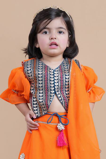 Shop_Shining Kanika_Orange Georgette Embroidered Sequin Top Layered Lehenga Set_Online_at_Aza_Fashions