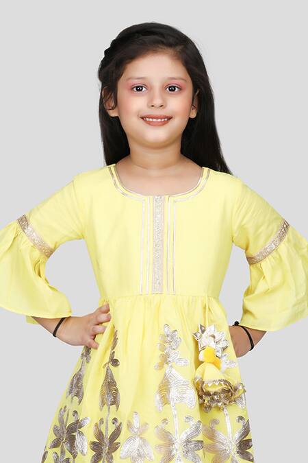 Shining Kanika Yellow Kurta 100% Cotton Embroidered Applique Floral Cutwork Dhoti Pant Set Online at Aza Fashions Shining Kanika_Yellow Kurta 100% Cotton Embroidered Applique Floral Cutwork Dhoti Pant Set_Online_at_Aza_Fashions