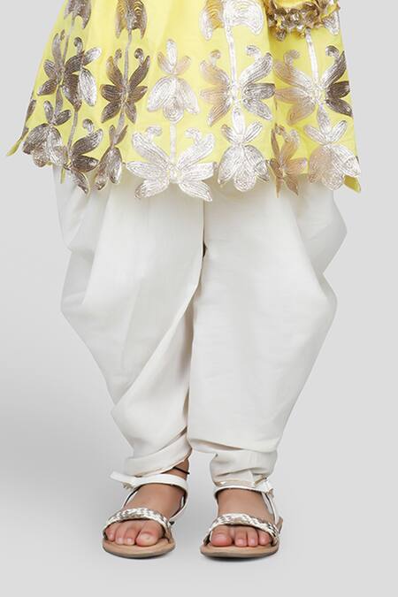 Buy Shining Kanika Yellow Kurta 100% Cotton Embroidered Applique Floral Cutwork Dhoti Pant Set Online at Aza Fashions Buy_Shining Kanika_Yellow Kurta 100% Cotton Embroidered Applique Floral Cutwork Dhoti Pant Set_Online_at_Aza_Fashions