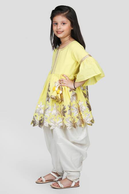 Shop Shining Kanika Yellow Kurta 100% Cotton Embroidered Applique Floral Cutwork Dhoti Pant Set Online at Aza Fashions Shop_Shining Kanika_Yellow Kurta 100% Cotton Embroidered Applique Floral Cutwork Dhoti Pant Set_Online_at_Aza_Fashions