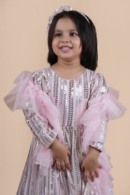 Shining Kanika_Pink Georgette Embellished Sequin Silver Anarkali Set With Frilled Dupatta_Online_at_Aza_Fashions