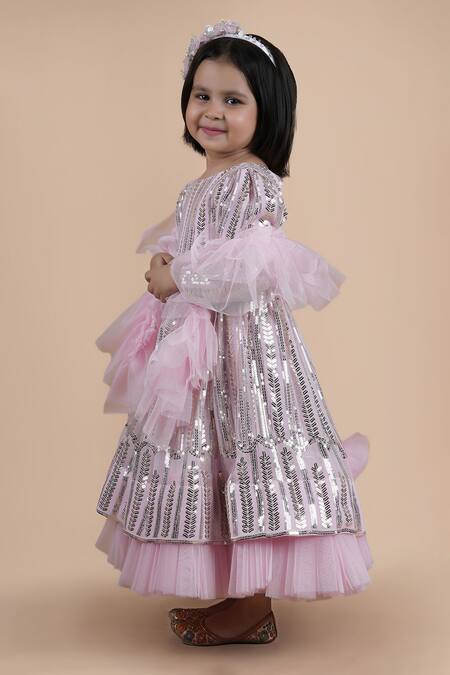 Buy_Shining Kanika_Pink Georgette Embellished Sequin Silver Anarkali Set With Frilled Dupatta_Online_at_Aza_Fashions