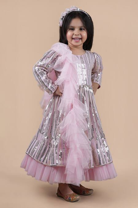 Shop_Shining Kanika_Pink Georgette Embellished Sequin Silver Anarkali Set With Frilled Dupatta_Online_at_Aza_Fashions