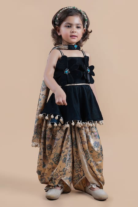 Shining Kanika_Multi Color Peplum Top Velvet Applique Dhoti Pant Set_at_Aza_Fashions