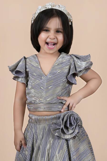 Shining Kanika_Grey Pelted Crepe Embroidered Bead Embellished Blouse Layered Lehenga Set_Online_at_Aza_Fashions