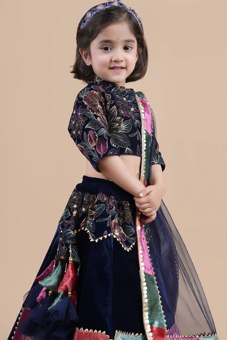 Shining Kanika_Blue Velvet Embroidered Thread Floral Top Patchwork Lehenga Set_Online_at_Aza_Fashions