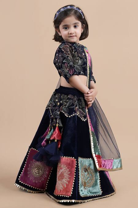 Buy_Shining Kanika_Blue Velvet Embroidered Thread Floral Top Patchwork Lehenga Set_Online_at_Aza_Fashions