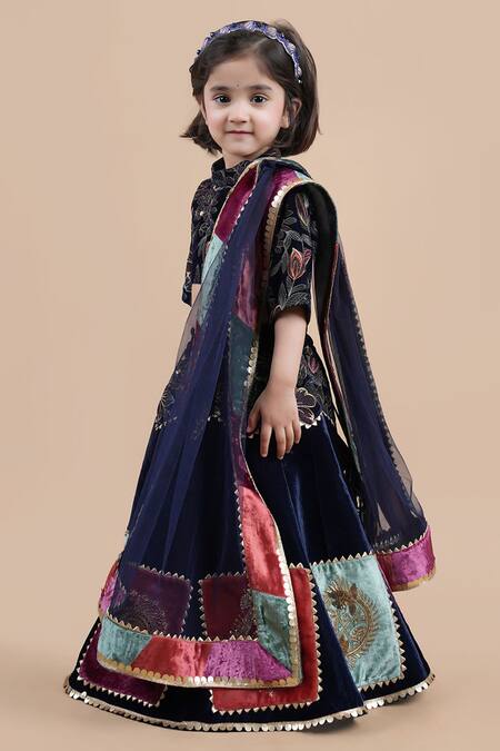 Shop_Shining Kanika_Blue Velvet Embroidered Thread Floral Top Patchwork Lehenga Set_Online_at_Aza_Fashions