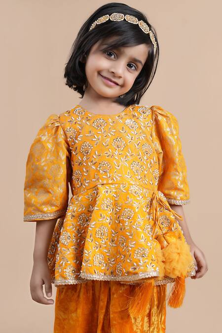 Shining Kanika_Orange Peplum Top Brocade Embroidered Floral Dhoti Pant Set_Online_at_Aza_Fashions