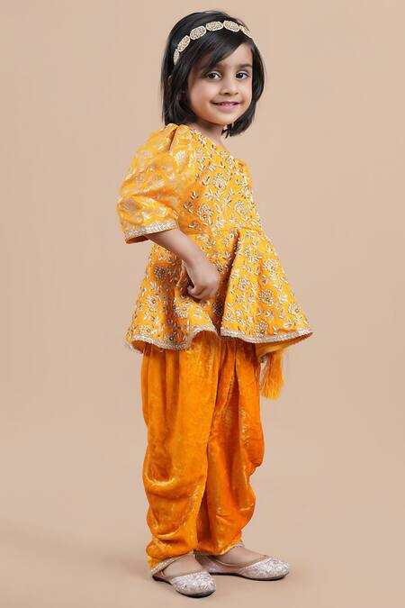 Buy_Shining Kanika_Orange Peplum Top Brocade Embroidered Floral Dhoti Pant Set_Online_at_Aza_Fashions