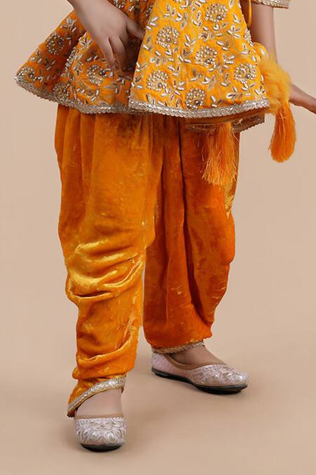 Shop_Shining Kanika_Orange Peplum Top Brocade Embroidered Floral Dhoti Pant Set_Online_at_Aza_Fashions