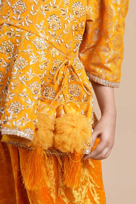 Shining Kanika_Orange Peplum Top Brocade Embroidered Floral Dhoti Pant Set_at_Aza_Fashions