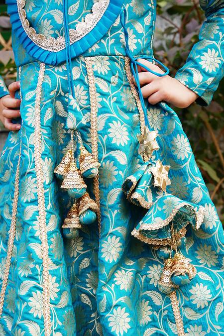 Shining Kanika Blue Brocade Embroidered Lace Tasseled Anarkali With Dupatta Online at Aza Fashions Shining Kanika_Blue Brocade Embroidered Lace Tasseled Anarkali With Dupatta_Online_at_Aza_Fashions