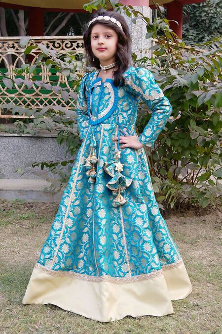Buy Shining Kanika Blue Brocade Embroidered Lace Tasseled Anarkali With Dupatta Online at Aza Fashions Buy_Shining Kanika_Blue Brocade Embroidered Lace Tasseled Anarkali With Dupatta_Online_at_Aza_Fashions