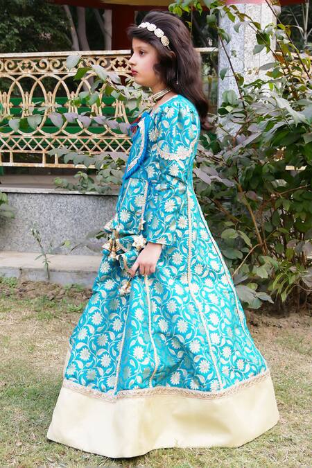 Shop Shining Kanika Blue Brocade Embroidered Lace Tasseled Anarkali With Dupatta Online at Aza Fashions Shop_Shining Kanika_Blue Brocade Embroidered Lace Tasseled Anarkali With Dupatta_Online_at_Aza_Fashions