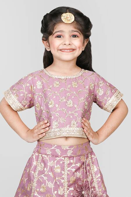 Shop Shining Kanika Purple Chanderi, Cotton Embroidery Mughal Fleur Lehenga Blouse Set Online at Aza Fashions Shop_Shining Kanika_Purple Chanderi, Cotton Embroidery Mughal Fleur Lehenga Blouse Set _Online_at_Aza_Fashions