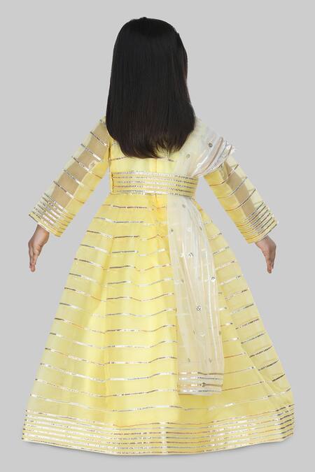 Shop Shining Kanika Yellow Organza Embellished Gota Striped Anarkali Dupatta Set at Aza Fashions Shop_Shining Kanika_Yellow Organza Embellished Gota Striped Anarkali Dupatta Set_at_Aza_Fashions