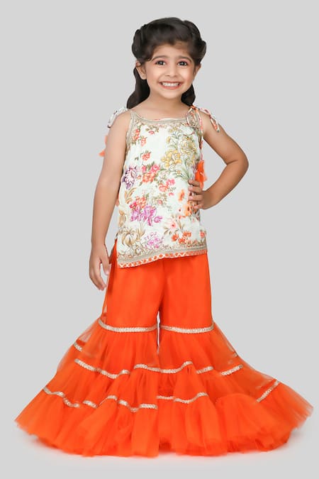 Shining Kanika Blossom Print Tie-Up Sleeves Kurta With Tiered Sharara 