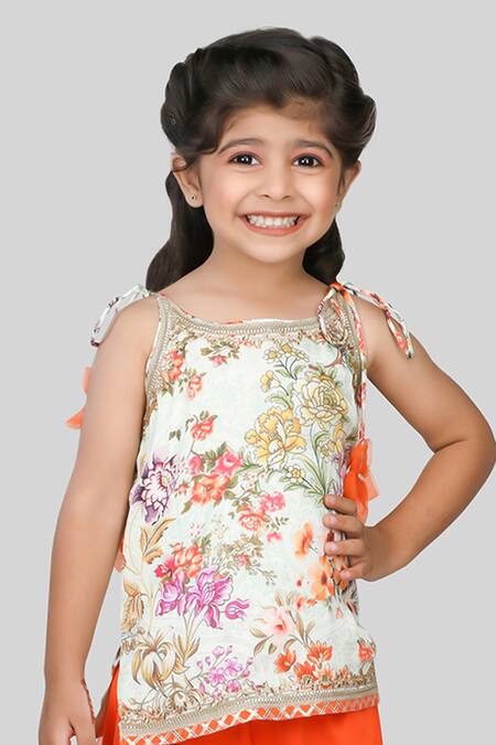 Shining Kanika_Orange Kurtaprinted Modal Satin Print Tie-up Sleeves Kurta With Tiered Sharara_Online_at_Aza_Fashions