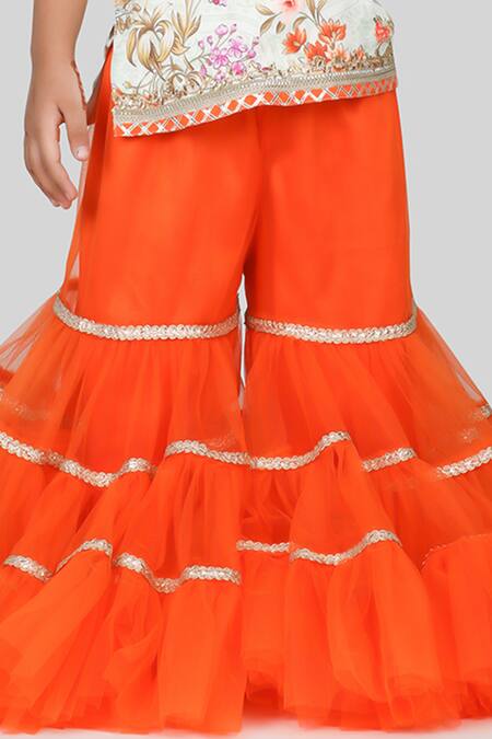 Buy_Shining Kanika_Orange Kurtaprinted Modal Satin Print Tie-up Sleeves Kurta With Tiered Sharara_Online_at_Aza_Fashions