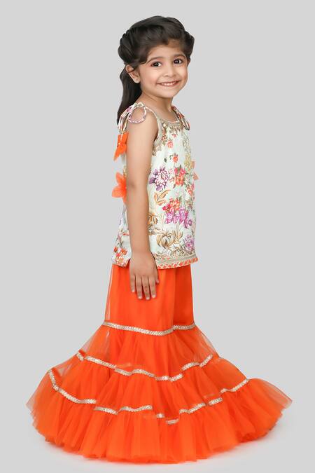 Shop_Shining Kanika_Orange Kurtaprinted Modal Satin Print Tie-up Sleeves Kurta With Tiered Sharara_Online_at_Aza_Fashions