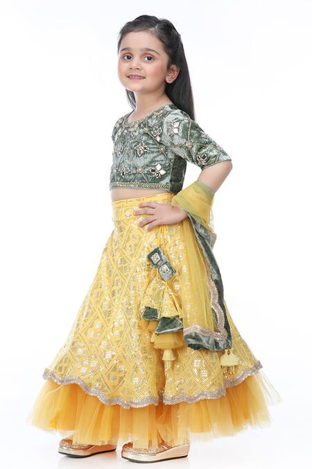 Shop_Shining Kanika_Green Blousevelvet Embroidery Mirror Sequin Maze Lehenga Blouse Set_Online_at_Aza_Fashions