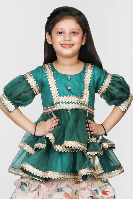 Shining Kanika_Green Organza Print Gota Lace Peplum Blouse And Foliage Lehenga_Online_at_Aza_Fashions