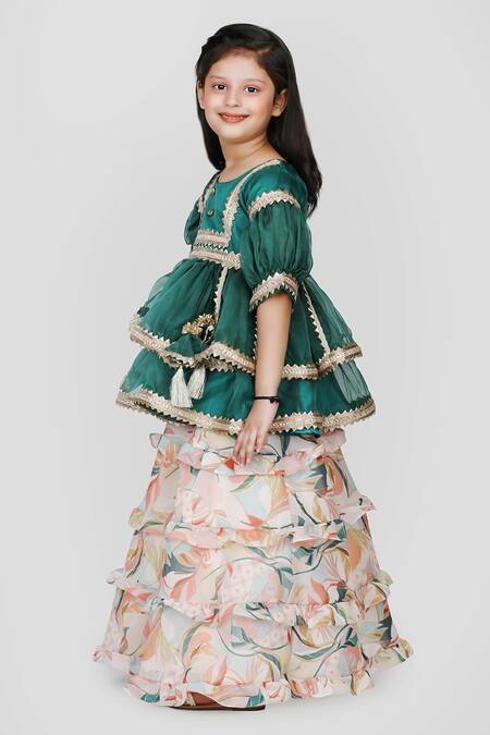 Shop_Shining Kanika_Green Organza Print Gota Lace Peplum Blouse And Foliage Lehenga_Online_at_Aza_Fashions