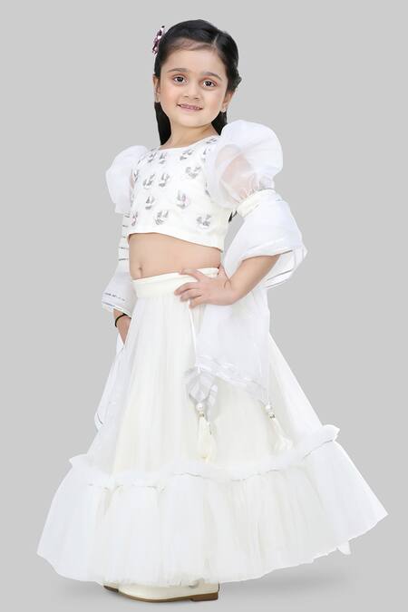 Shining Kanika_White Organza Embroidery Bullian Leaf Blouse And Lehenga Set_Online_at_Aza_Fashions