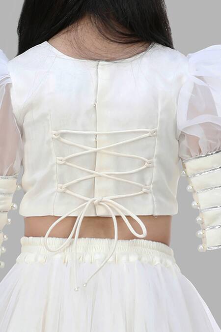 Shining Kanika_White Organza Embroidery Bullian Leaf Blouse And Lehenga Set_at_Aza_Fashions