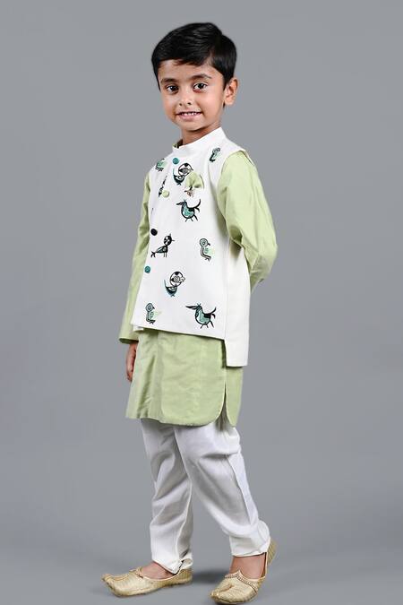 Shining Kanika_Green Cotton Cambric Bird Art Bundi Kurta Set_Online_at_Aza_Fashions