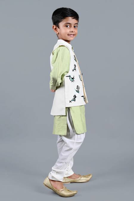 Buy_Shining Kanika_Green Cotton Cambric Bird Art Bundi Kurta Set_Online_at_Aza_Fashions