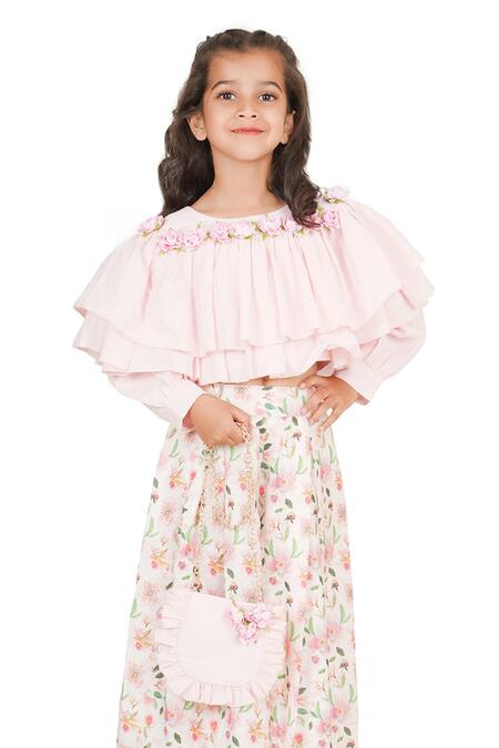 Shining Kanika_Pink Linen Print Floral Cape Top And Bloom Palazzo Set_Online_at_Aza_Fashions