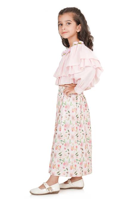 Buy_Shining Kanika_Pink Linen Print Floral Cape Top And Bloom Palazzo Set_Online_at_Aza_Fashions
