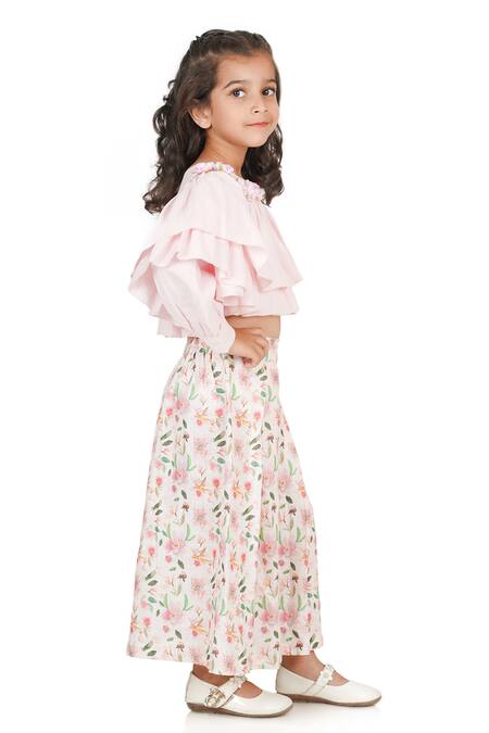 Shop_Shining Kanika_Pink Linen Print Floral Cape Top And Bloom Palazzo Set_Online_at_Aza_Fashions
