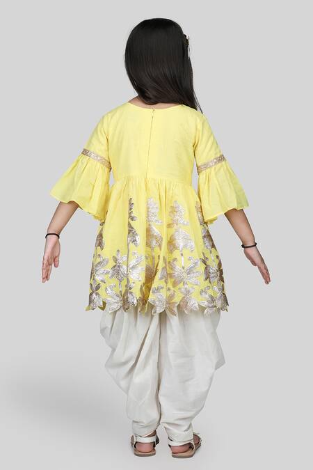 Shop Shining Kanika Yellow Kurta 100% Cotton Embroidered Applique Floral Cutwork Dhoti Pant Set at Aza Fashions Shop_Shining Kanika_Yellow Kurta 100% Cotton Embroidered Applique Floral Cutwork Dhoti Pant Set_at_Aza_Fashions