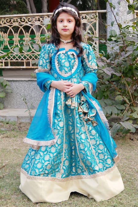 Shining Kanika Blue Brocade Embroidered Lace Tasseled Anarkali With Dupatta  