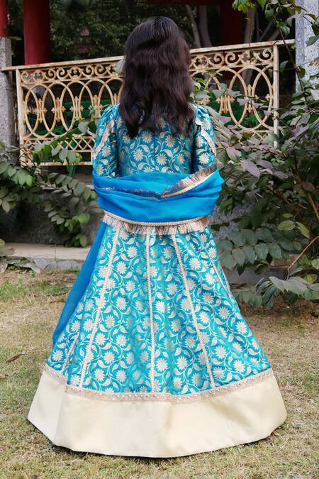 Shop Shining Kanika Blue Brocade Embroidered Lace Tasseled Anarkali With Dupatta at Aza Fashions Shop_Shining Kanika_Blue Brocade Embroidered Lace Tasseled Anarkali With Dupatta_at_Aza_Fashions