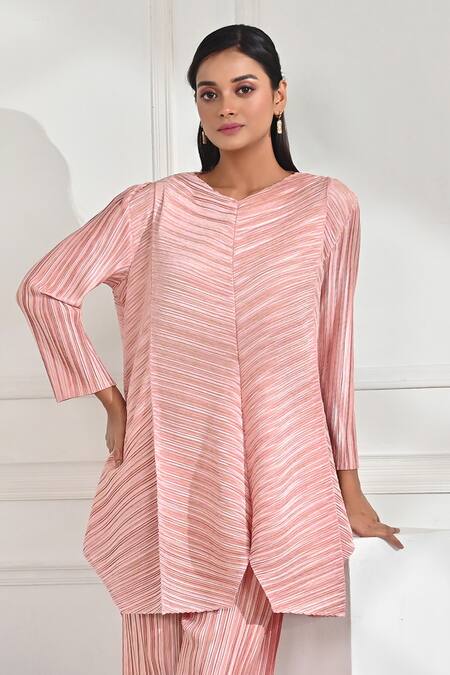 Buy Crimp Pink Polyester Round Neck Textured Longline Top And Pleated Pant Set Online at Aza Fashions Buy_Crimp_Pink Polyester Round Neck Textured Longline Top And Pleated Pant Set_Online_at_Aza_Fashions