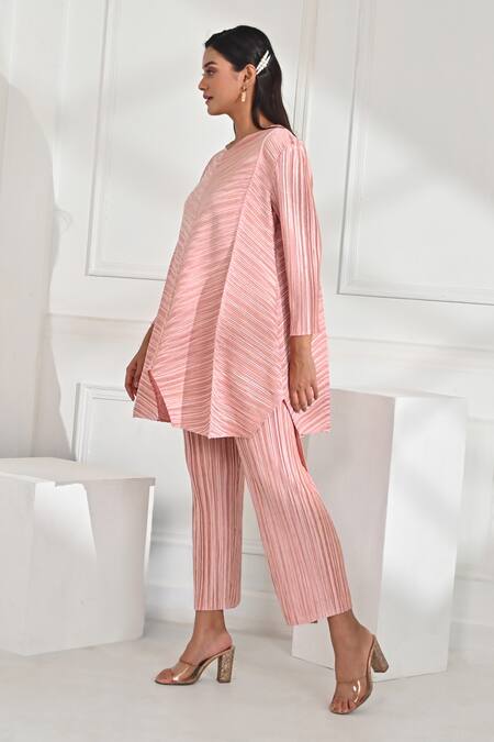 Shop_Crimp_Pink Polyester Round Neck Textured Longline Top And Pleated Pant Set_Online_at_Aza_Fashions