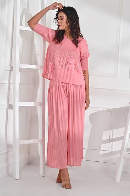 Crimp Coral Pleated Texture Top & Pant Set 