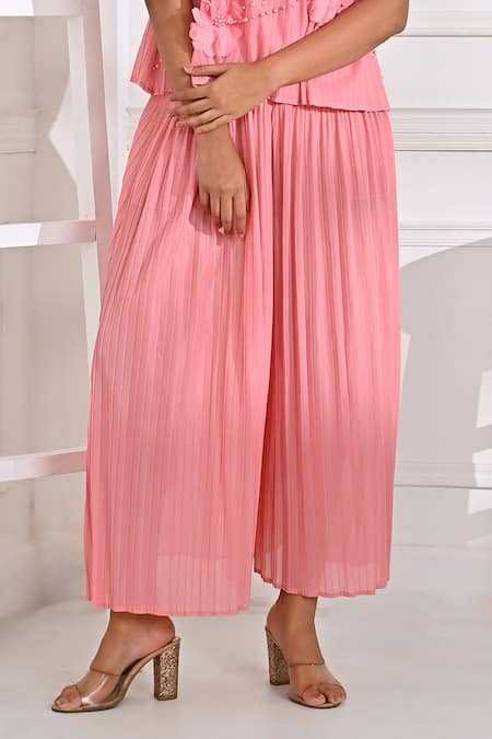 Crimp_Coral Polyester Pearls Round Neck Pleated Texture Top And Pant Set _Online_at_Aza_Fashions