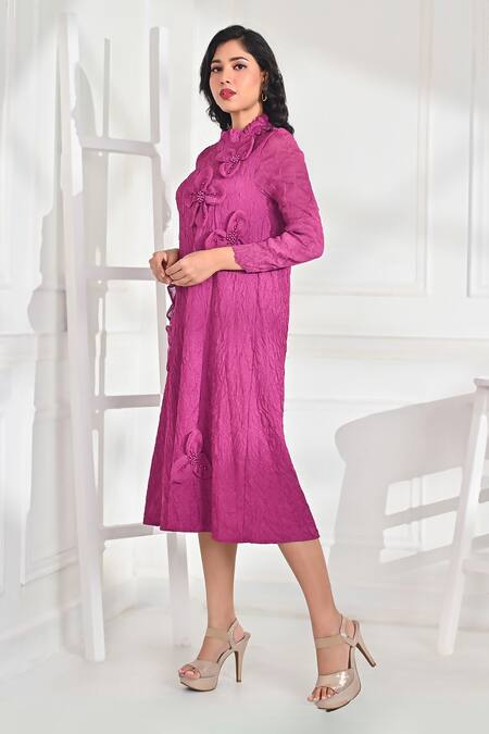 Shop Crimp Pink Polyester Embroidery, Beads Round Neck Kai High Textured Midi Dress at Aza Fashions Shop_Crimp_Pink Polyester Embroidery, Beads Round Neck Kai High Textured Midi Dress_at_Aza_Fashions