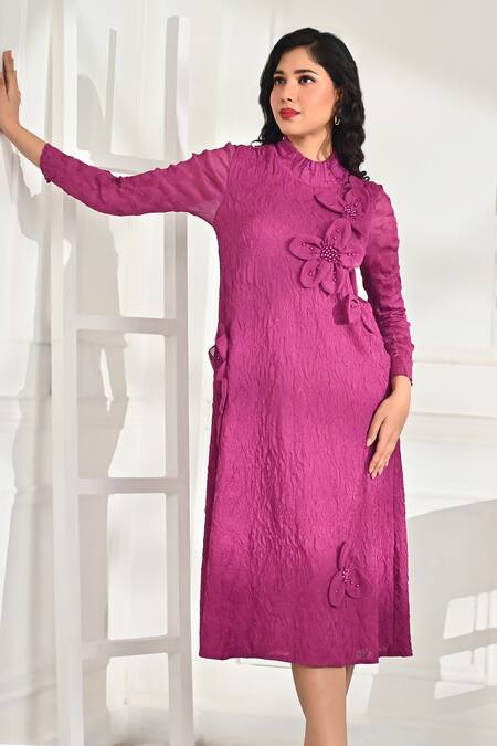 Crimp Pink Polyester Embroidery, Beads Round Neck Kai High Textured Midi Dress Online at Aza Fashions Crimp_Pink Polyester Embroidery, Beads Round Neck Kai High Textured Midi Dress_Online_at_Aza_Fashions