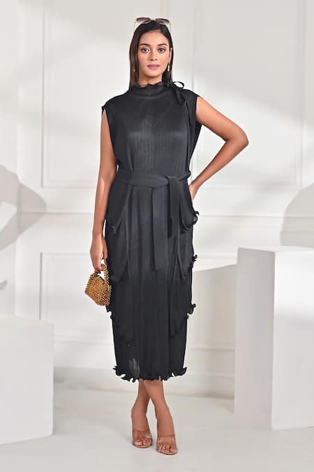 Crimp Lotus Textured High Neck Dress With Belt 