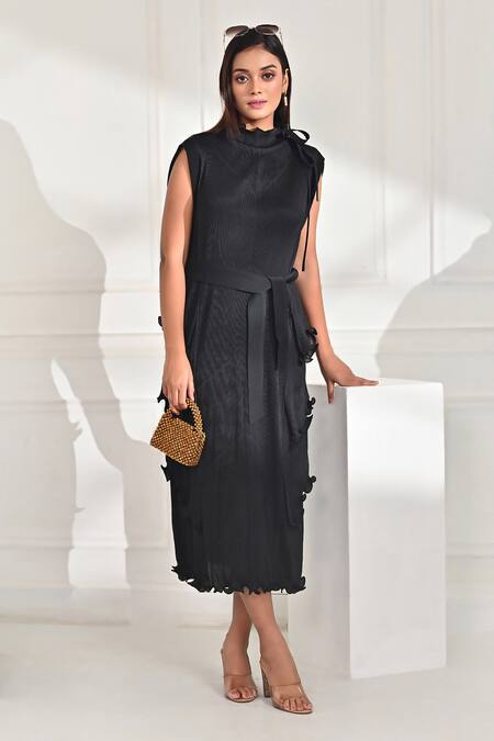 Shop Crimp Black Polyester High Neck Pleated Textured Midi Dress With Belt at Aza Fashions Shop_Crimp_Black Polyester High Neck Pleated Textured Midi Dress With Belt_at_Aza_Fashions